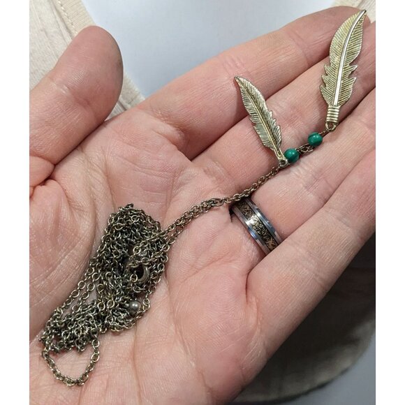 Bohemian Hippie Feather Charm Necklace Silver Tone With Faux Turquoise Accents - Picture 4 of 6